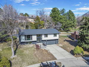 Drone view of front of home.