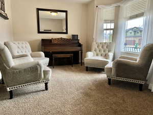 Sitting room featuring carpet floors