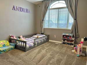 Carpeted bedroom featuring visible vents and baseboards