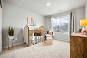 Carpeted bedroom with visible vents, a textured ceiling, and baseboards