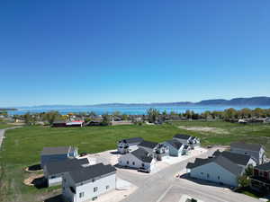 Aerial view of subdivision, Bear Lake in the background