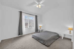 Bedroom featuring visible vents, baseboards, a ceiling fan, and carpet flooring