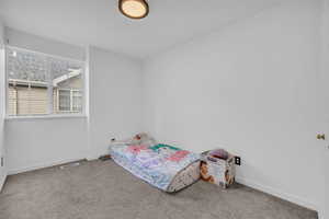 Bedroom featuring visible vents, baseboards, and carpet