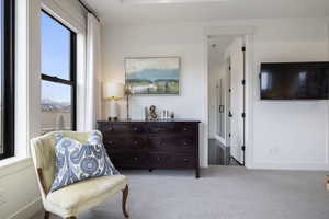 Living area featuring baseboards and carpet