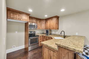 Kitchen featuring a peninsula, recessed lighting, dark wood-style flooring, a sink, and appliances with stainless steel finishes