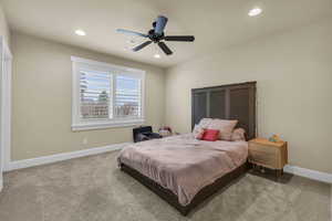 Bedroom featuring recessed lighting, visible vents, carpet flooring, and baseboards