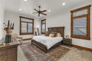 Bedroom with visible vents, recessed lighting, carpet, and baseboards