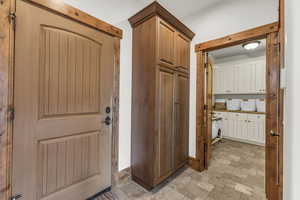 Interior space with stone finish flooring