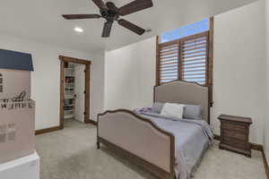 Carpeted bedroom with recessed lighting, a ceiling fan, and baseboards