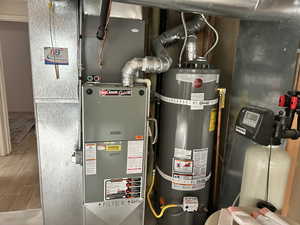 Utility room featuring secured water heater and heating unit
