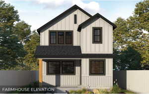 Modern farmhouse with board and batten siding, roof with shingles, and fence