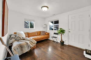 Living area with visible vents, a textured ceiling, dark wood-type flooring, and baseboards