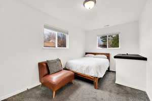 Bedroom featuring visible vents, baseboards, and carpet