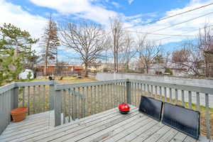 Wooden deck with a fenced backyard