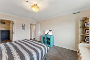 Bedroom with visible vents, carpet flooring, baseboards, and ornamental molding