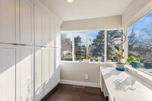 Interior space featuring baseboards, visible vents, and dark wood-style flooring