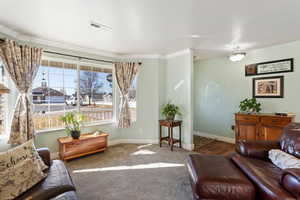 Large bay window in the living room with hardwood floors and crown molding