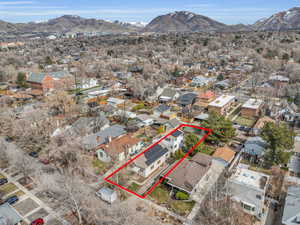 Drone / aerial view with a mountain view and a residential view