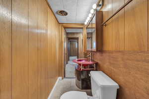 Bathroom featuring wooden walls, toilet, and a sink