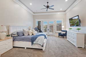 Bedroom with light colored carpet, access to outside, crown molding, a ceiling fan, and recessed lighting
