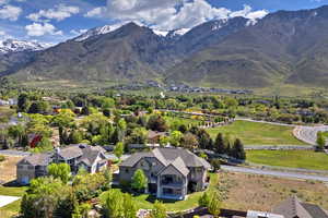 Aerial view of residential area featuring mountains