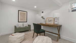 Office area featuring light carpet, beam ceiling, recessed lighting, and baseboards