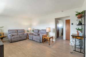 Living room with baseboards and light wood-style floors