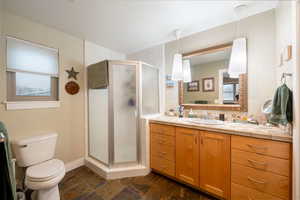 Bathroom with vanity, a shower stall, toilet, and a healthy amount of sunlight