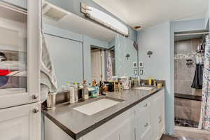Full bathroom featuring a sink, visible vents, double vanity, and a tile shower