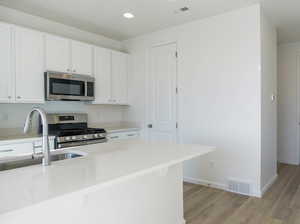 Kitchen featuring stainless steel appliances, light wood finished floors, white cabinets, and recessed lighting