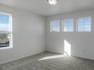 Carpeted empty room with healthy amount of natural light and baseboards