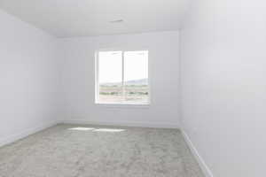 Empty room with visible vents, carpet, and baseboards