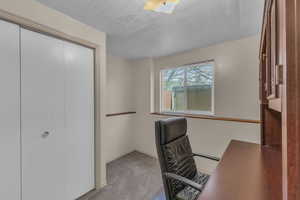 Home office with carpet flooring and a textured ceiling