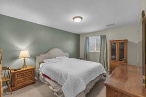 Carpeted bedroom featuring visible vents