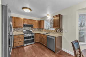 Kitchen with a sink, under cabinet range hood, backsplash, appliances with stainless steel finishes, and dark wood-style flooring