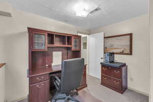 Office with visible vents, light colored carpet, and a textured ceiling