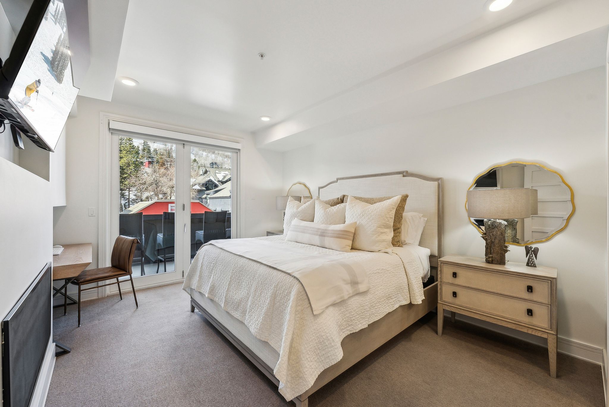 Bedroom with carpet, access to exterior, and recessed lighting