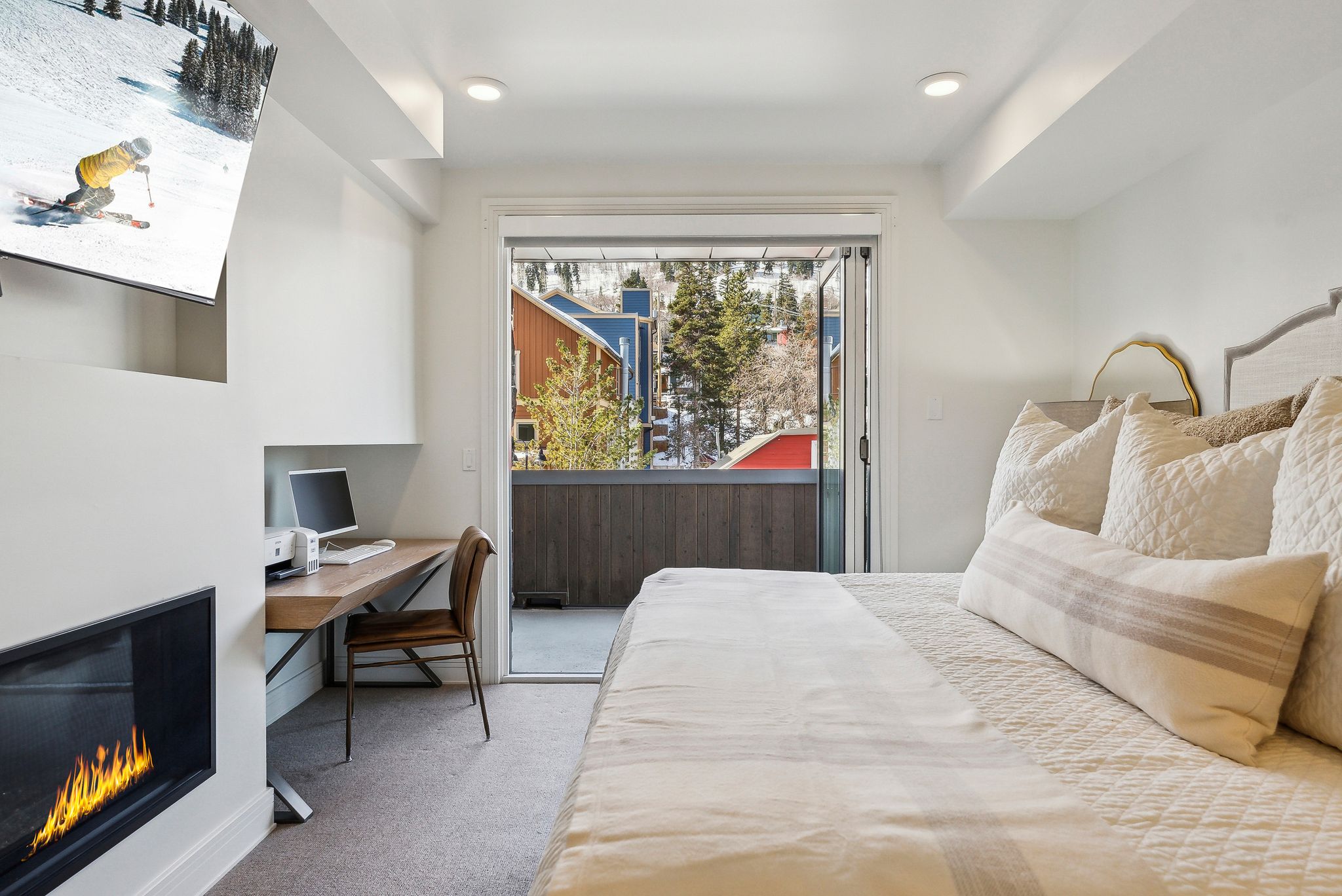 Carpeted bedroom featuring access to exterior and recessed lighting