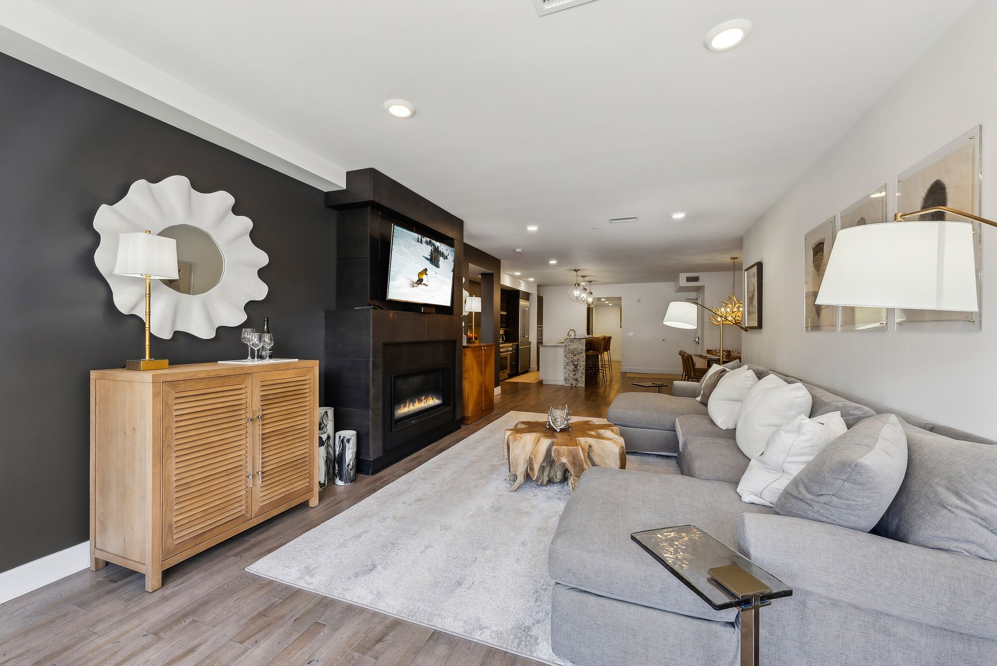 Living room with recessed lighting, baseboards, and wood finished floors