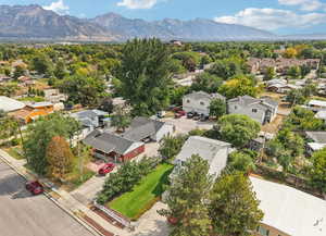 Aerial view of residential area with a mountain backdrop