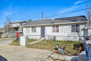 View of front of property featuring a gate, a fenced front yard, and roof with shingles
