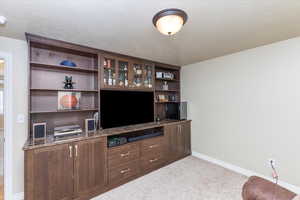 Living area with baseboards, carpet floors, and a textured ceiling