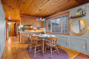 Dining area with light wood finished floors, wood ceiling, wainscoting, a decorative wall, and a chandelier