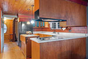 Kitchen featuring a sink, backsplash, a peninsula, brown cabinetry, and wood ceiling