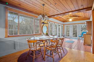 Dining area with beam ceiling, wood finished floors, french doors, wooden ceiling, and a decorative wall