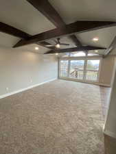 Empty room with baseboards, ceiling fan, recessed lighting, and carpet floors