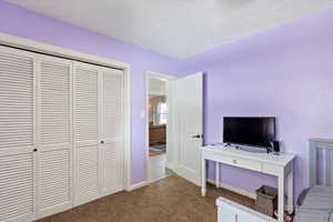 Bedroom with a closet, carpet flooring, and a textured ceiling