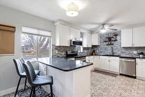 Kitchen featuring dark countertops, appliances with stainless steel finishes, ceiling fan, and a sink