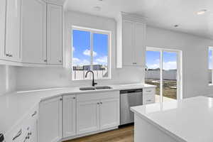 Kitchen featuring wood finished floors, a sink, white cabinets, stainless steel dishwasher, and backsplash