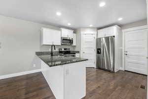 Kitchen with a sink, dark wood-type flooring, appliances with stainless steel finishes, and a peninsula